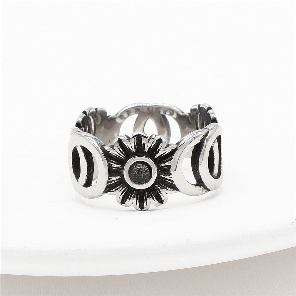 Kemstone Titanium Steel Sunflower Ring for Men Vintage Openwork Blue Detail R1125