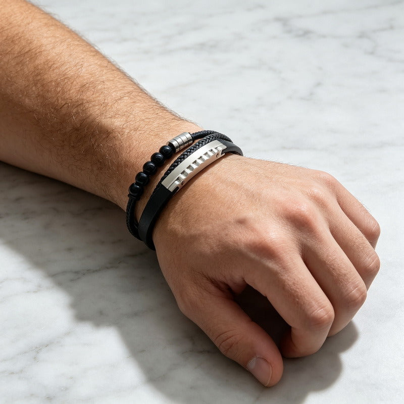 Kemstone Multi-Layer Braided Leather Bracelet for Men Beaded Titanium Steel KB147788-KLHQ