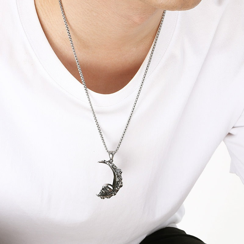 Kemstone Crescent Moon Pendant Necklace Titanium Steel Carved Floral Gothic Style for Men KP117749-LU