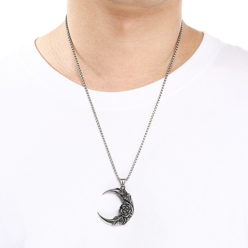 Kemstone Crescent Moon Pendant Necklace Titanium Steel Carved Floral Gothic Style for Men KP117749-LU