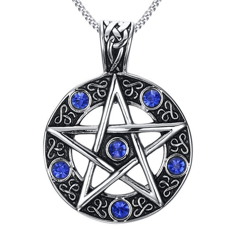 Kemstone Titanium Steel Pentagram Necklace for Men – Blue CZ Gothic Pendant PN-567