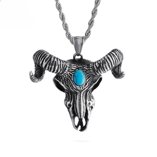 Kemstone Titanium Steel Ram Skull Pendant Necklace for Men – Vintage Horned Symbol KP79917-K