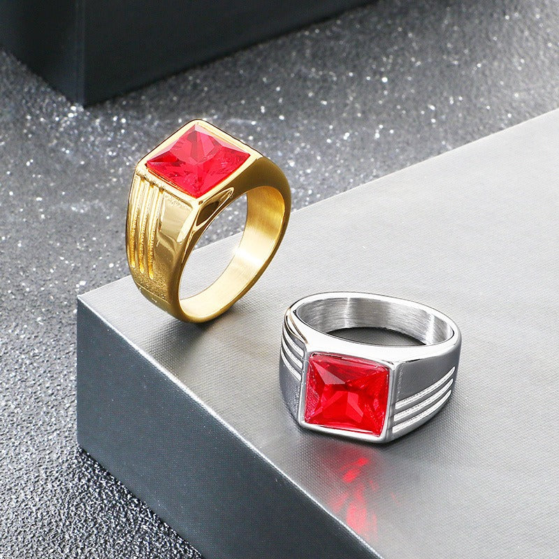 Kemstone Titanium Steel Square Red Stone Signet Ring for Men Vintage Gold Silver KR114482-MZOZ
