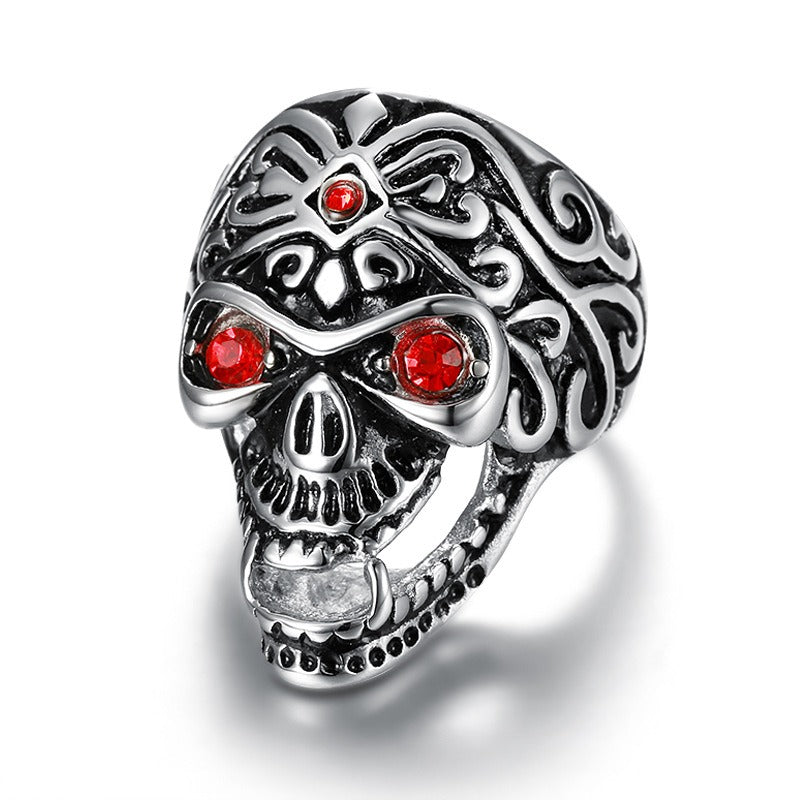 Kemstone Red Stone Skull Ring for Men Titanium Steel Punk TR0076