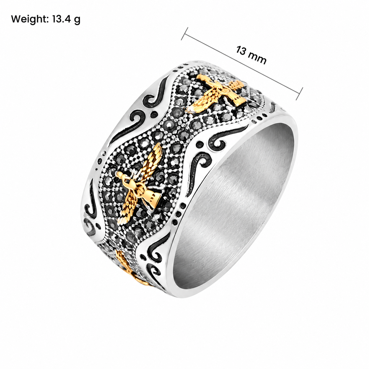 Kemston Titanium Steel Eagle Ring for Men Vintage Gold Detail Wide Band R0483
