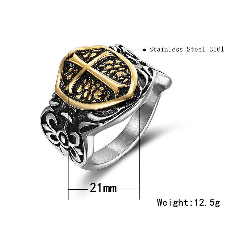 Kemston Titanium Steel Cross Shield Ring for Men Gothic TR0123