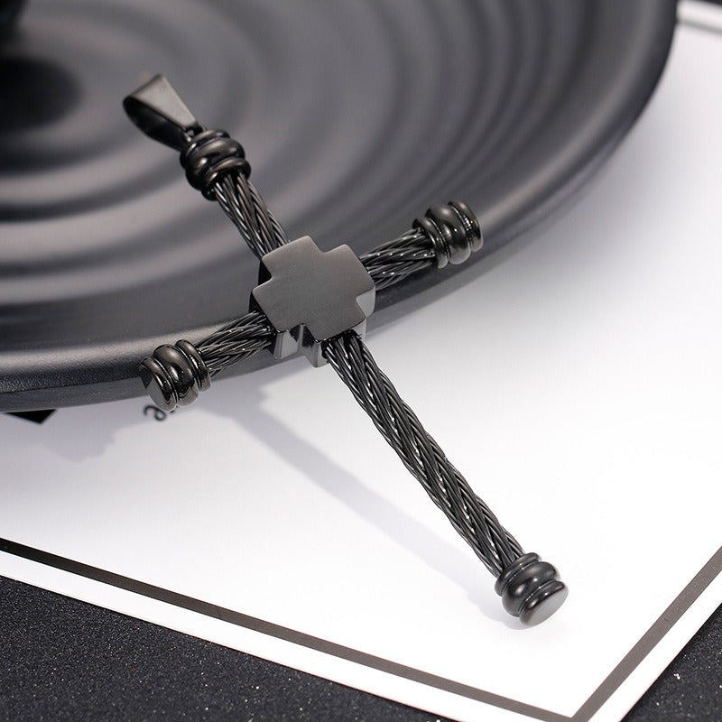 Kemstone Men’s Titanium Steel Cross Pendant Necklace – Rope Cross Design KP80529-K