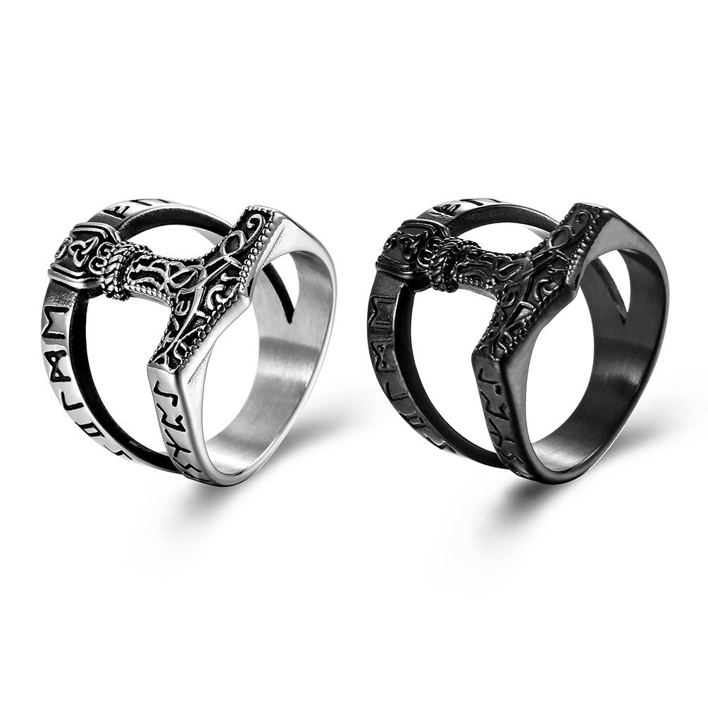 Kemstone Men’s Titanium Steel Ring – Viking Thor’s Hammer Rune Band K-R708