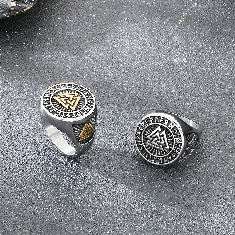 Kemstone Viking Rune Signet Ring for Men Titanium Steel Compass Celtic Knot Wide Band Silver Gold KR114478-MZOZ