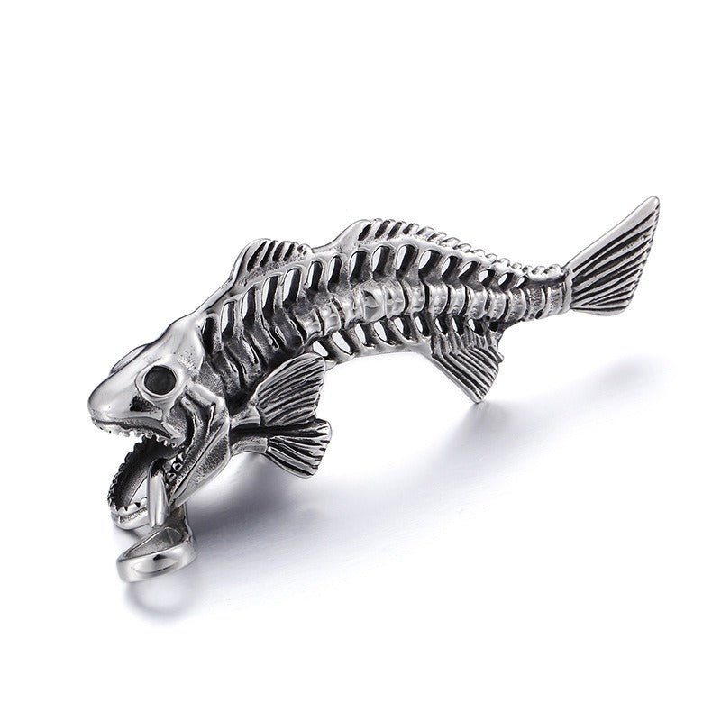 Kemstone Titanium Steel Shark Skeleton Pendant Necklace – Fish Bone Design for Men KP54478-BD