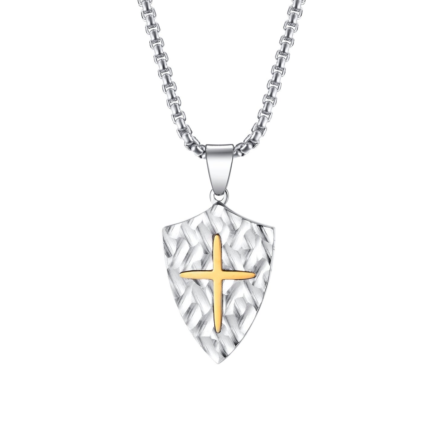 Kemstone Shield Cross Titanium Steel Pendant Necklace for Men – Brushed Relief Texture PN-2087