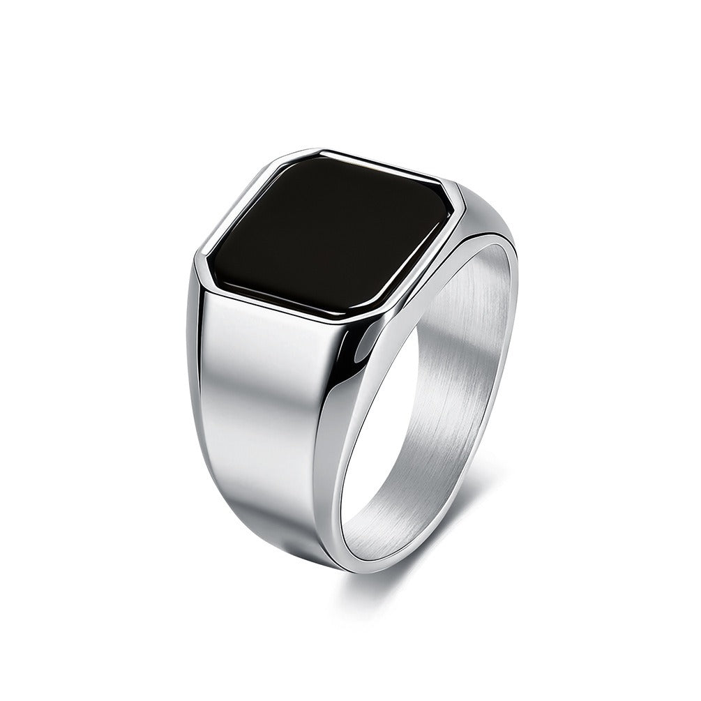 Kemstone Signet Ring for Men Titanium Steel Square Blue Black Stone Inlay KR1138