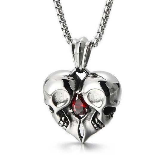 Kemstone Titanium Steel Skull Heart Necklace – Gothic Red Zircon Pendant KP98350