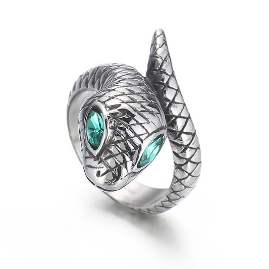 Kemstone Men’s Titanium Steel Snake Ring – Green Eye Serpent Gothic Style KR104534-KJX