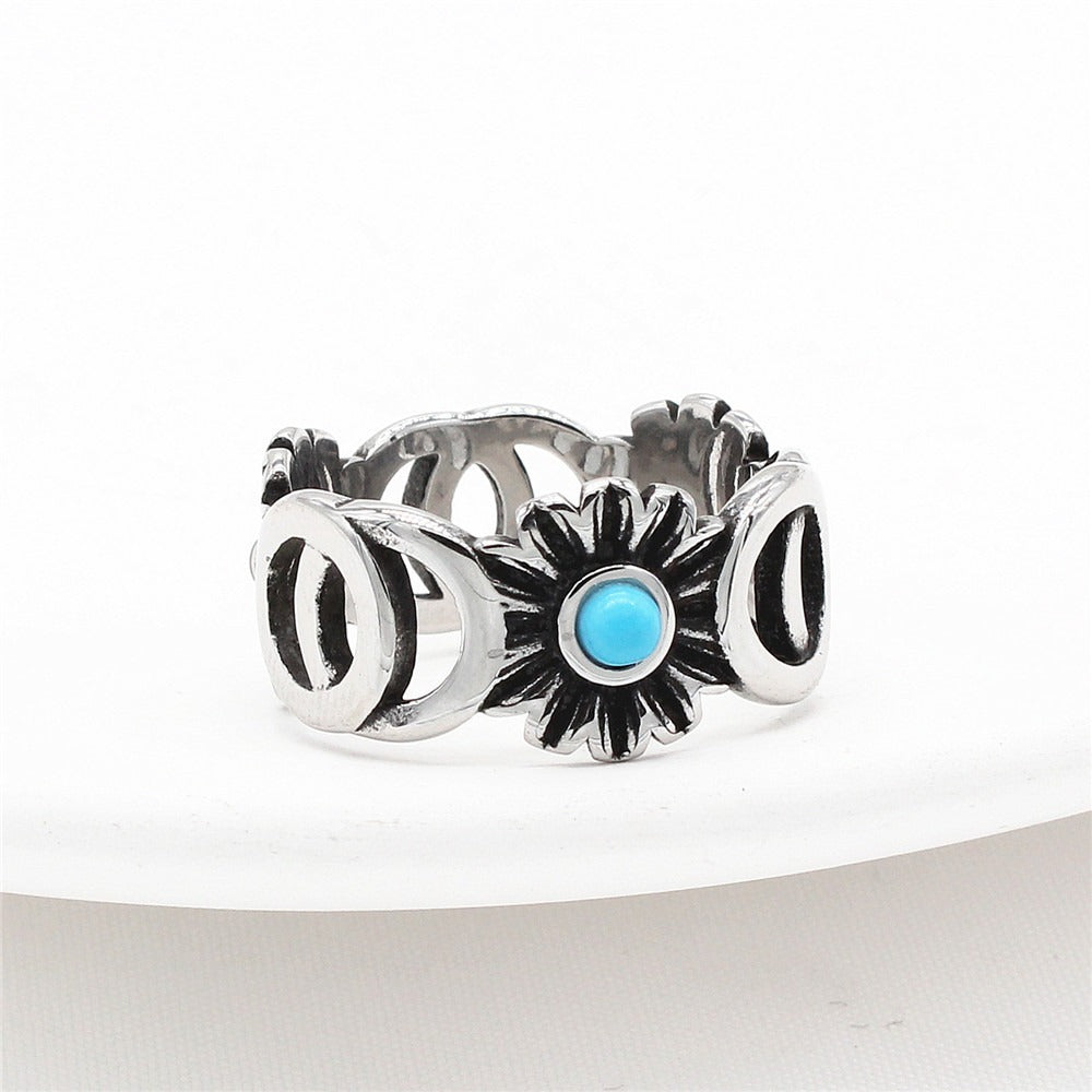 Kemstone Titanium Steel Sunflower Ring for Men Vintage Openwork Blue Detail R1125
