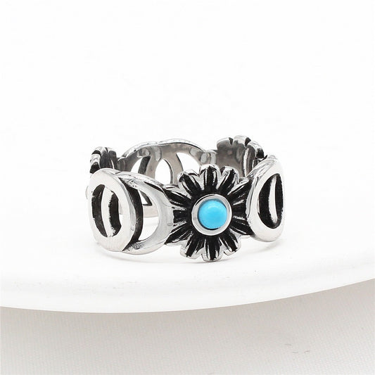 Kemstone Stainless Steel Sunflower Ring for Men Vintage Openwork Blue Detail R1125