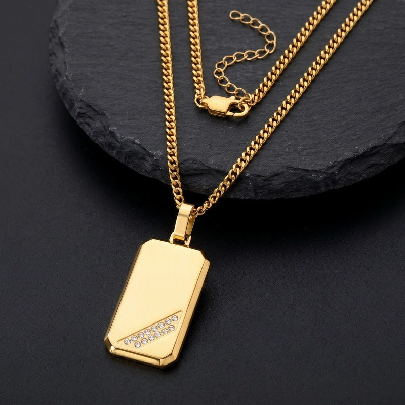 Kemstone Titanium Steel Tag Pendant Necklace for Men Angled Cubic Zirconia KN302396-KFC