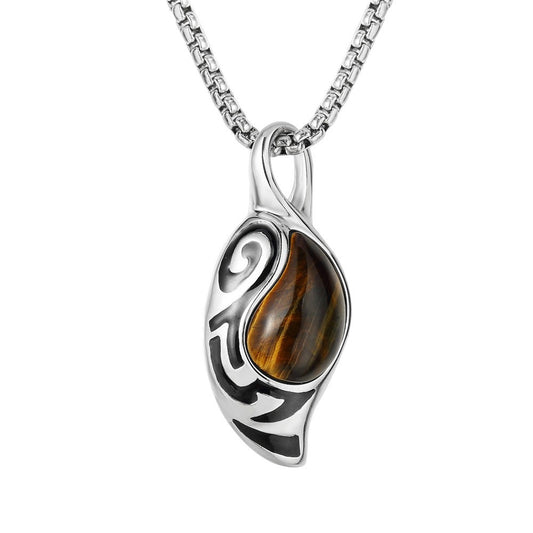 Kemstone Titanium Steel Tiger Eye Stone Pendant Necklace for Men Silver P0556
