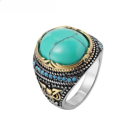 Kemstone Titanium Steel Turquoise Signet Ring for Men Oval Stone Silver Gold R0590