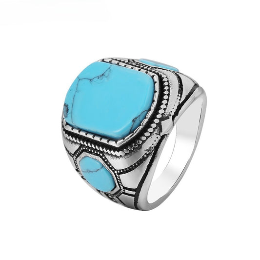 Kemstone Titanium Steel Turquoise Signet Ring for Men Vintage Stone R0584