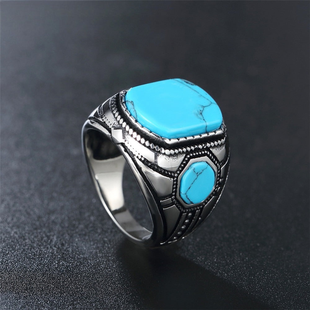 Kemstone Titanium Steel Turquoise Signet Ring for Men Vintage Stone R0584