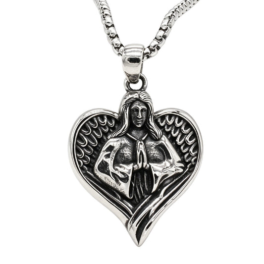 Kemstone Titanium Steel Winged Figure Heart Pendant Necklace for Men Vintage Silver P1555
