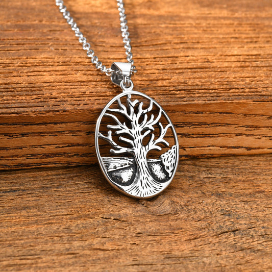 Kemstone Tree Pendant Necklace for Men Stainless Steel Openwork Oval Chain PN-2314