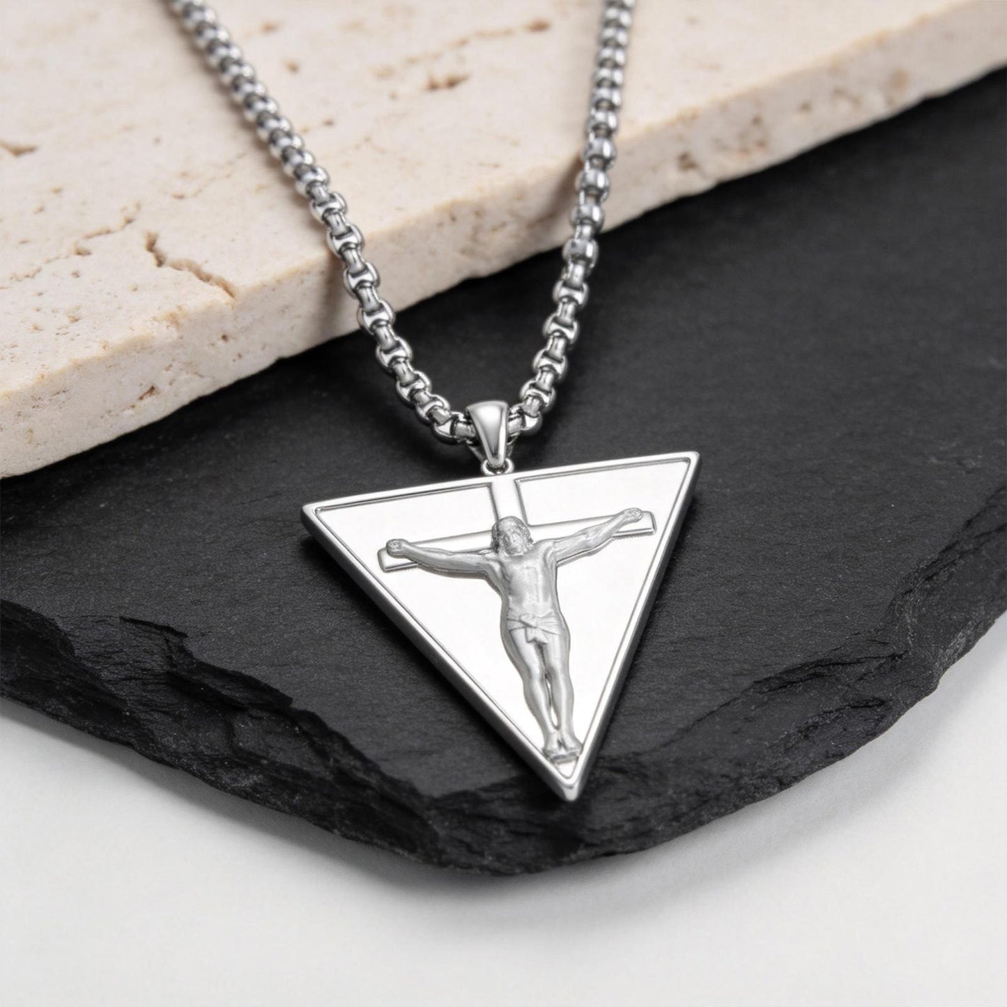 Kemstone Triangle Cross Pendant Necklace Stainless Steel Punk Style for Men Silver PN-2349S