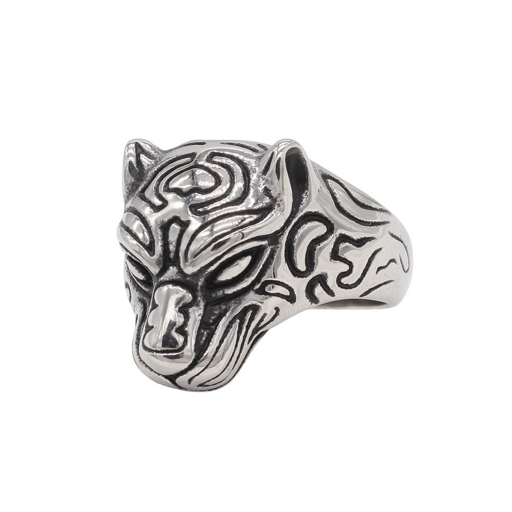 Kemstone Titanium Steel Panther Head Ring for Men Vintage Animal Signet Silver R1873