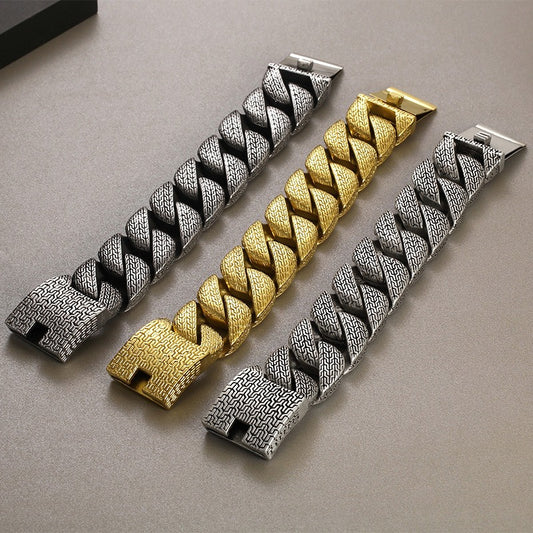 Kemstone Titanium Steel Extra Wide Cuban Chain Bracelet – Vintage Trident Link Style for Men KB179930-KJX