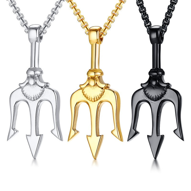 Kemstone Trident Pendant Necklace for Men Stainless Steel Vertical Symbol Gold Silver Black PN-1176