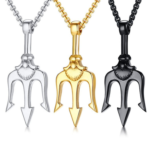 Kemstone Trident Pendant Necklace for Men Stainless Steel Vertical Symbol Gold Silver Black PN-1176