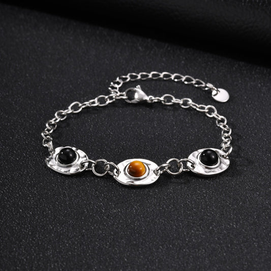 Kemstone Stainless Steel Obsidian Tiger Eye Triple Stone Bracelet for Men BR-3152