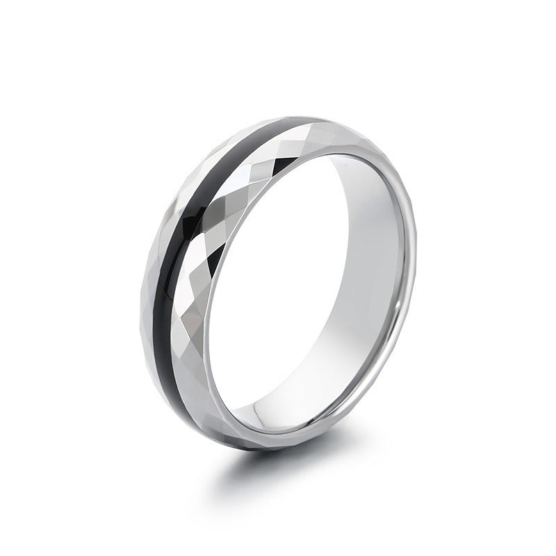 Kemstone Tungsten Steel Ring for Men & Women – Ceramic Inlay / Faceted Black Enamel Band 6mm 7mm KR114248-TS