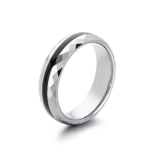 Kemstone Tungsten Steel Ring for Men & Women – Ceramic Inlay / Faceted Black Enamel Band 6mm 7mm KR114248-TS
