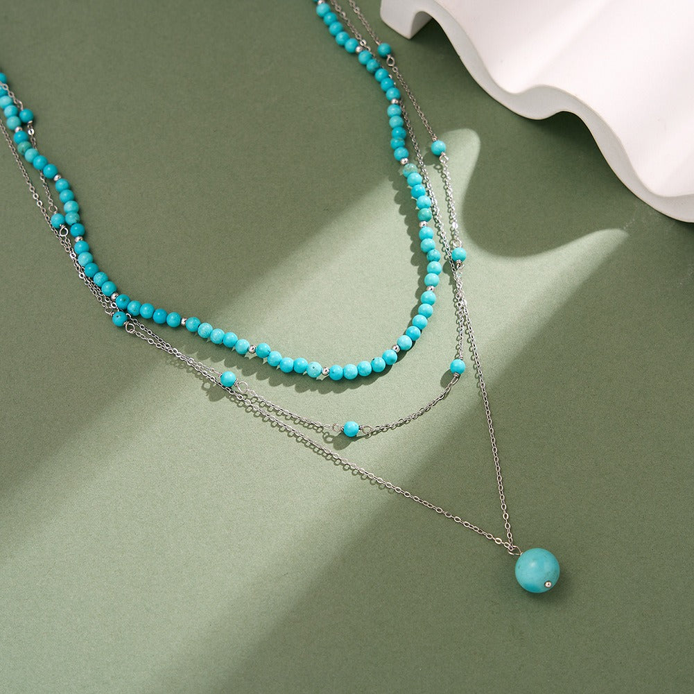 Kemstone 925 Sterling Silver Turquoise Layered Necklace for Women Beaded Double Chain BQN33