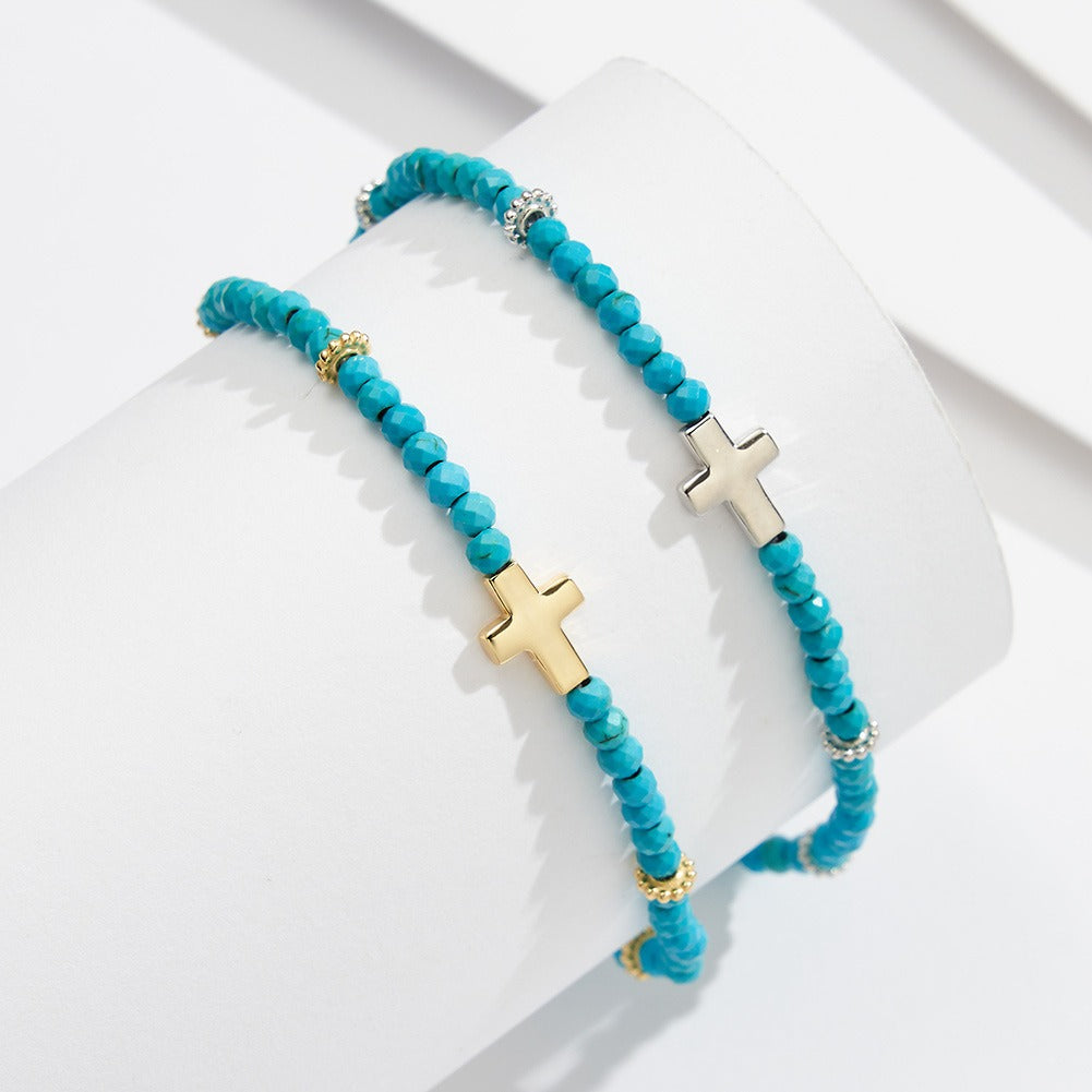 Kemstone 925 Sterling Silver Turquoise Anklet for Women Cross Charm Beaded Chain SA86