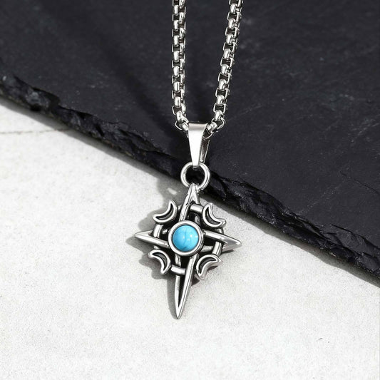 Kemstone Stainless Steel Star Moon Turquoise Pendant Necklace for Men PN-2111