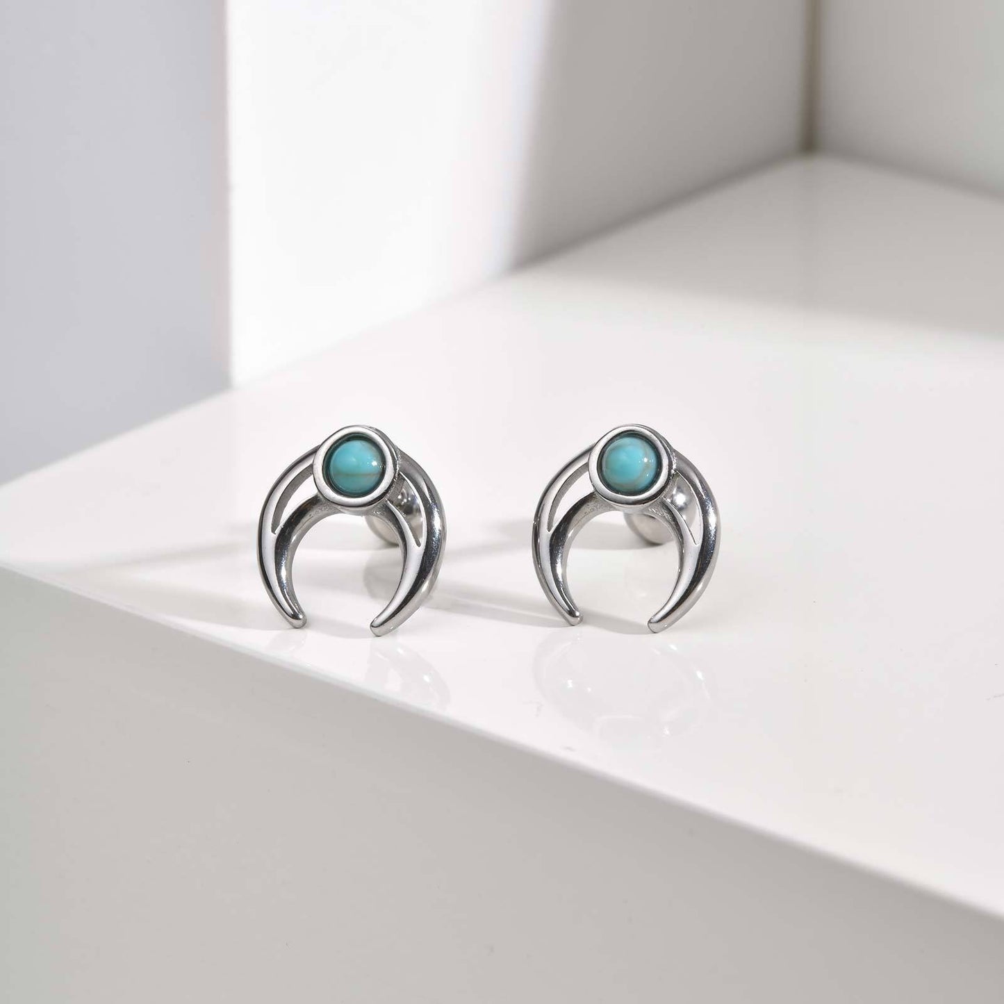 Kemstone Stainless Steel Moon Stud Earring – Turquoise Punk Style for Men ES-748