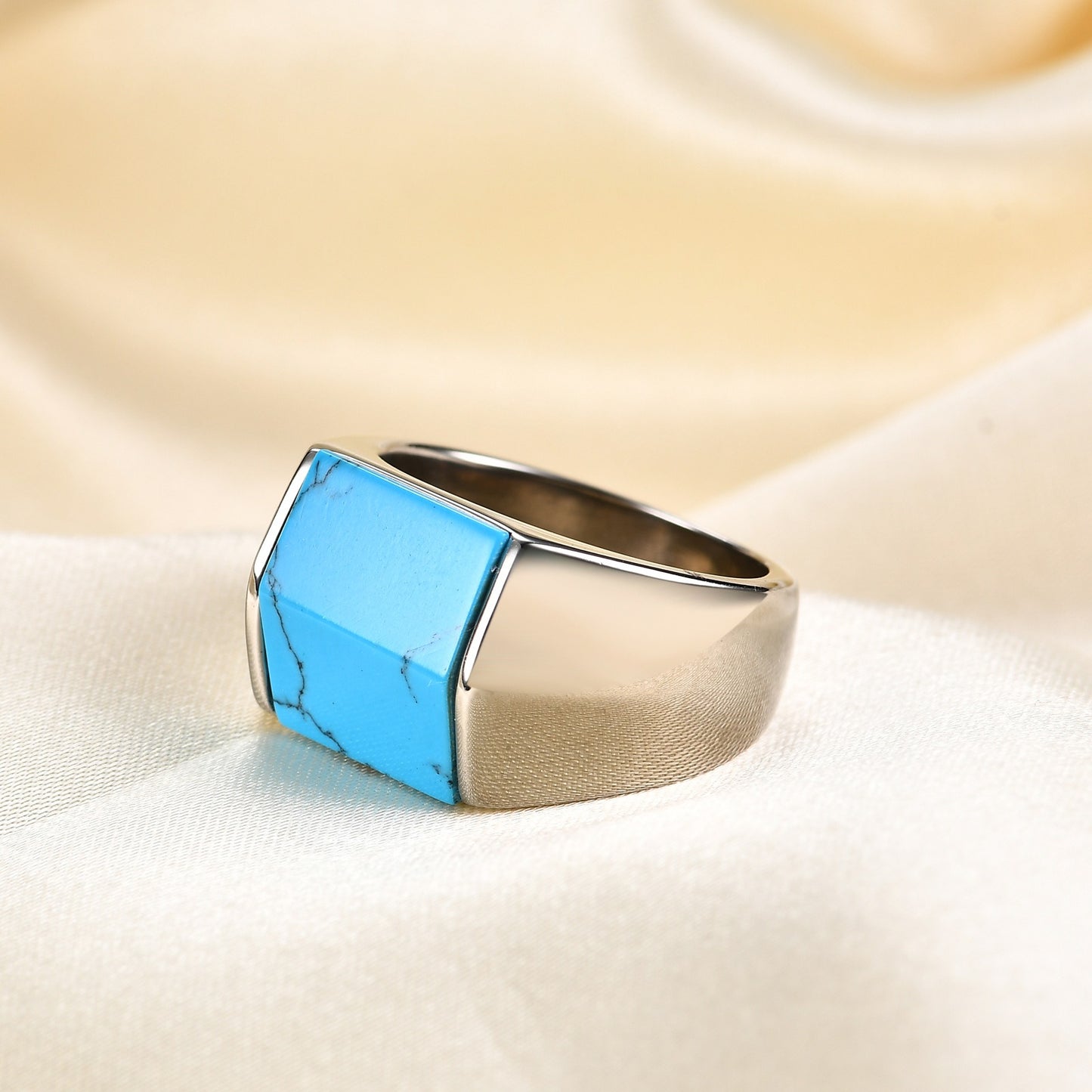 Kemstone Stainless Steel Turquoise Signet Ring for Men Vintage Square Stone CG1514