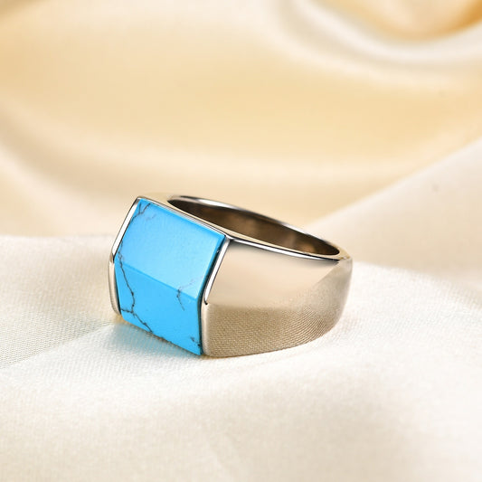 Kemstone Stainless Steel Turquoise Signet Ring for Men Vintage Square Stone CG1514