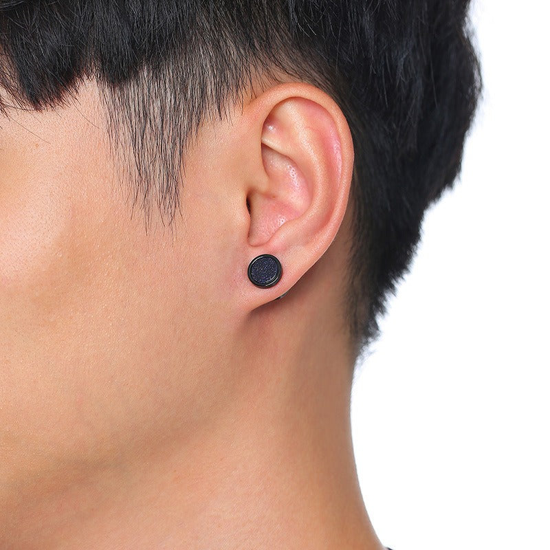 Kemstone Stud Earrings for Men Stainless Steel Round Stone Detail Black ES-302