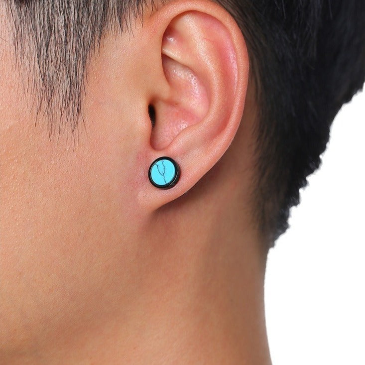 Kemstone Stud Earrings for Men Stainless Steel Round Stone Detail Black ES-302