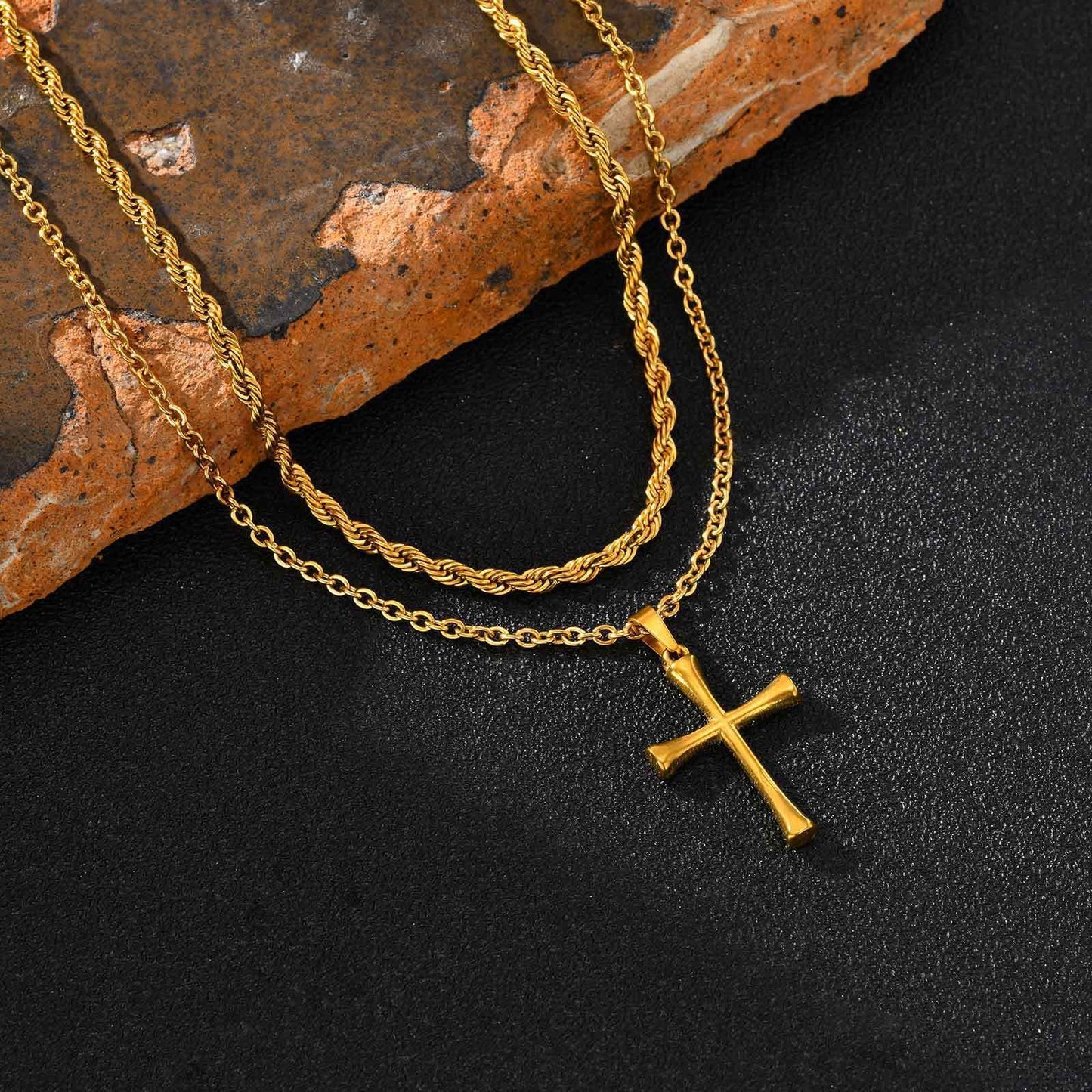 Kemstone Stainless Steel Cross Pendant Necklace – Gold Twisted Chain for Men PN-2260