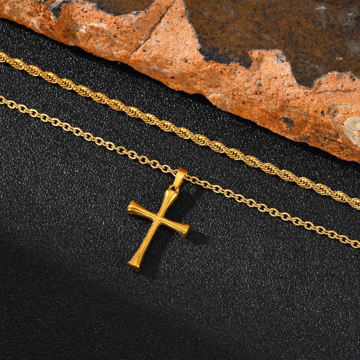 Kemstone Stainless Steel Cross Pendant Necklace – Gold Twisted Chain for Men PN-2260
