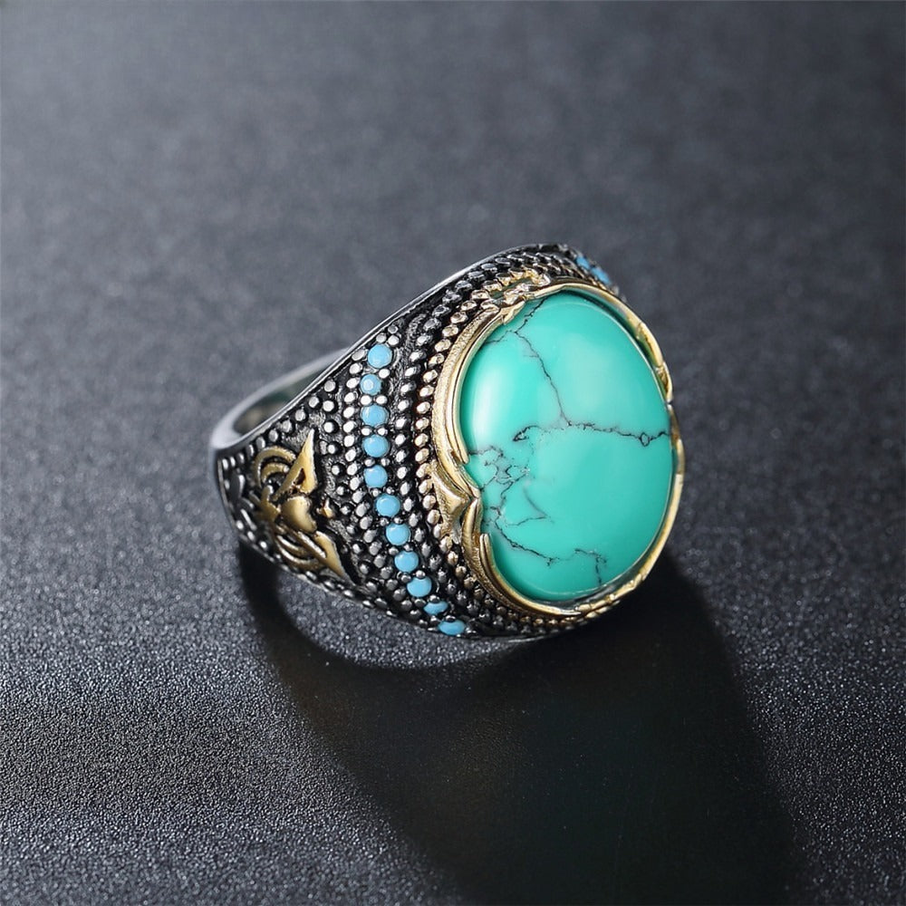 Kemstone Titanium Steel Turquoise Signet Ring for Men Oval Stone Silver Gold R0590