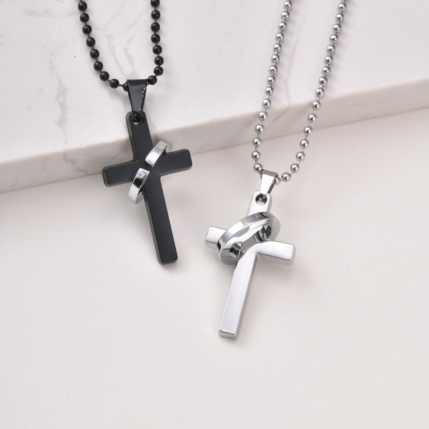 Kemstone Stainless Steel Cross Ring Pendant Necklace for Men Silver Black NC-3002