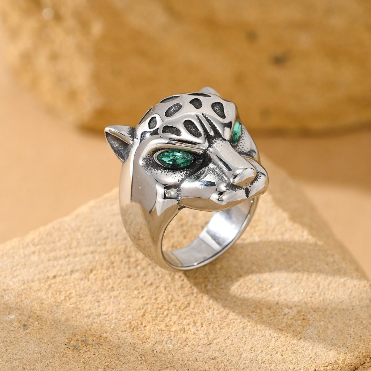 Kemston Leopard Head Ring for Men Stainless Steel Red Green Cubic Zirconia Stone Eyes TR0533