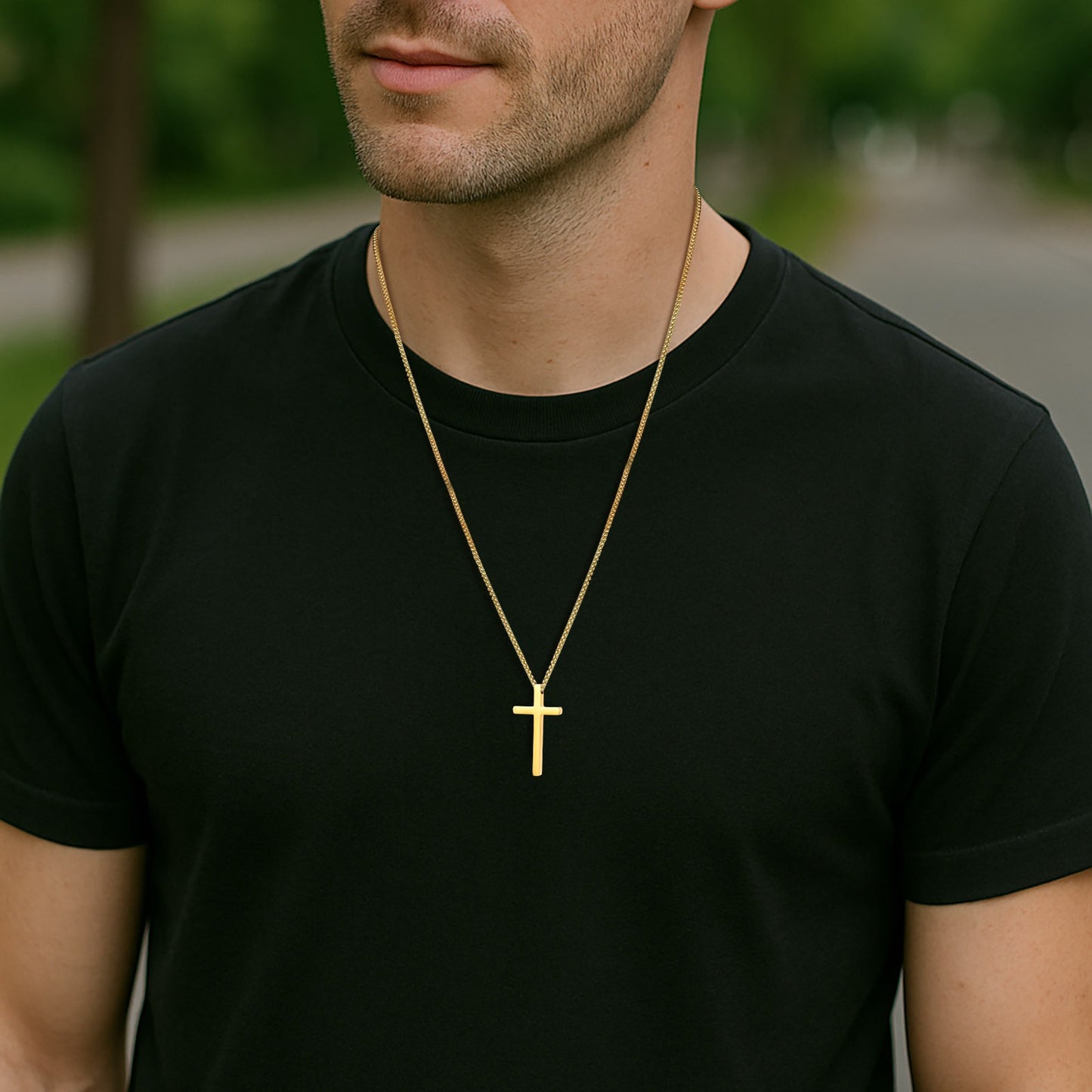 Kemstone Cross Pendant Necklace Stainless Steel Minimal Bar Cross Long Chain for Men Women Silver Gold Black NC-2103