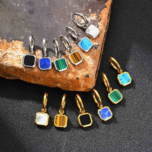 Kemstone Men & Women’s Stainless Steel Square Drop Earrings – Shell, Tiger Eye, Malachite ED-936